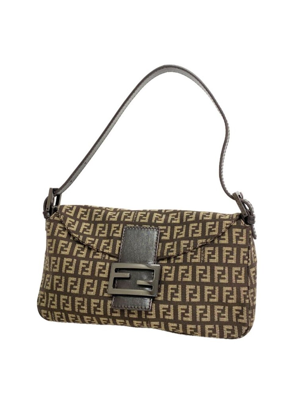 Fendi Handbag Zucchino Nylon Canvas Brown Silver